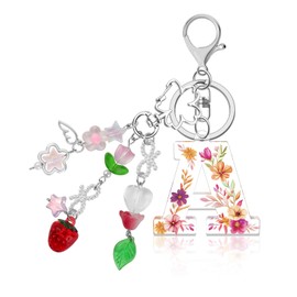 Lukiisoo Pink Flowers Initial Letter Keychains, Aesthetic Y2K Key Chain, Sweet Butterfly Star Strawberry Keyring Charms for Women Bag Purse Gifts(Letter A)