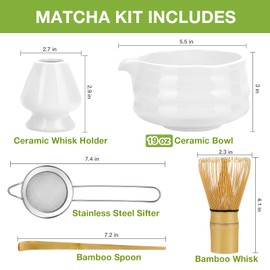 Matcha Whisk Set, Japanese Tea Set (5pcs) includes Matcha Bowl with Spout (19 oz), Bamboo Whisk and Matcha Scoop, Whisk Holder, Stainless Steel Sifter, Tea Making Tools, Matcha Kit
