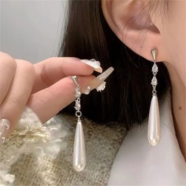 Gold Pearl Earrings Boho Charm Teardrop White Pearls Sparkly Crystal Rhinestone Waterdrop Droplet Long Lightweight Dangle Drop Earrings for Women Wedding Bridal Christmas Birthday Party Trendy Jewelry Gifts (Silver)