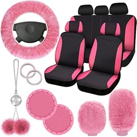 Fulmoon 17 Pcs Car Seat Cover Full Set for Women Universal Fit Car Front Rear Fluffy Steering Wheel Fleece Handbrake Shift Covers Hanging Accessory Holder Ring Emblem(Pink Black)