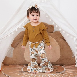 Kuriozud Newborn Baby Girl Bell Bottom Outfit Ribbed Ruffle Long Sleeve Romper Cute Bow Pumpkin Flare Pants Set Headband Infant Fall Clothes (Pumpkin Mustard Yellow, 12-18 Months)