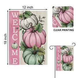 Covido Welcome Fall Pumpkins Decorative Garden Flag, Autumn Pink White Teal Pumpkin Farmhouse Yard Outside Decorations, Thanksgiving Rustic Burlap Outdoor Small Home Decor Double Sided 12 x 18