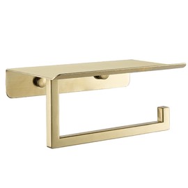 JQK Toilet Paper Holder Shelf, Bathroom Tissue Roll Holder with Phone Shelf, 5 Inch 304 Stainless Steel Tissue Paper Dispenser, Brushed Gold Finished Wall Mount, TPH202-BG