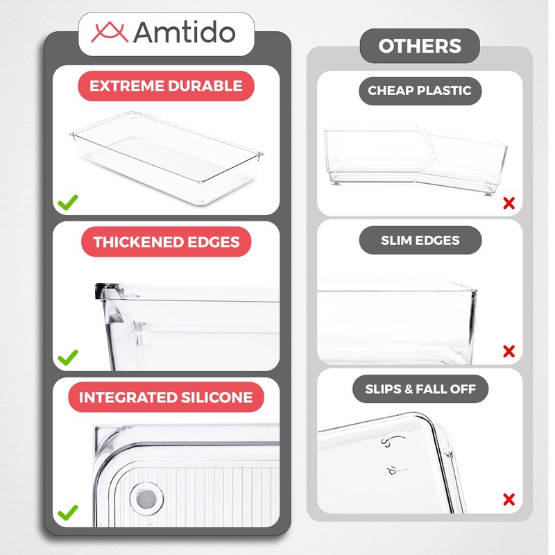 Amtido 4 Pack Drawer Organisers - Sturdy Clear Plastic -