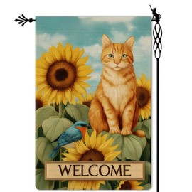 Jauageon Welcome Fall Garden Flag Autumn Cute Cat Garden Flag Sunflowers Small Bird Vertical Double Sided Rustic Farmland Burlap Yard Lawn Outdoor Decor 12.5x18"