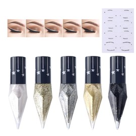 5 Metallic Colors Liquid Glitter Eyeliner Set, Waterproof Long-Lasting Eyeliners, Silver, Gold, Diamond Shimmer, Colorful Glow for Sparkling Eye Makeup and Eyeshadow Looks with Cat Eye Stickers