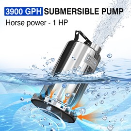 SEYVUM 1 HP Water Pump, 2600GPH Submersible Sump Pump with 16.5 Ft Cord, Stainless Steel Electric Pump for Draining, Swimming Pool, Garden, Flood Basement, Yard