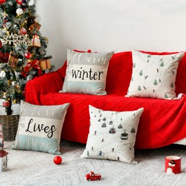 AVOIN colorlife Winter Skiers Cable Cars Snow Throw Pillow Covers, 18 x 18 Inch Warm Winter Wishes Love Lives Here Seasonal Holiday Cushion Case Decoration for Sofa Couch Set of 4
