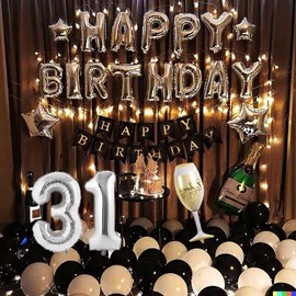 31st Birthday Balloons, Balloons, Birthday Decoration, Set of 31, Number Balloons, Boys and Girls, Adults, Silver Black, Birthday, Party, Decoration, Birthday Decoration, Set with LED Starlight