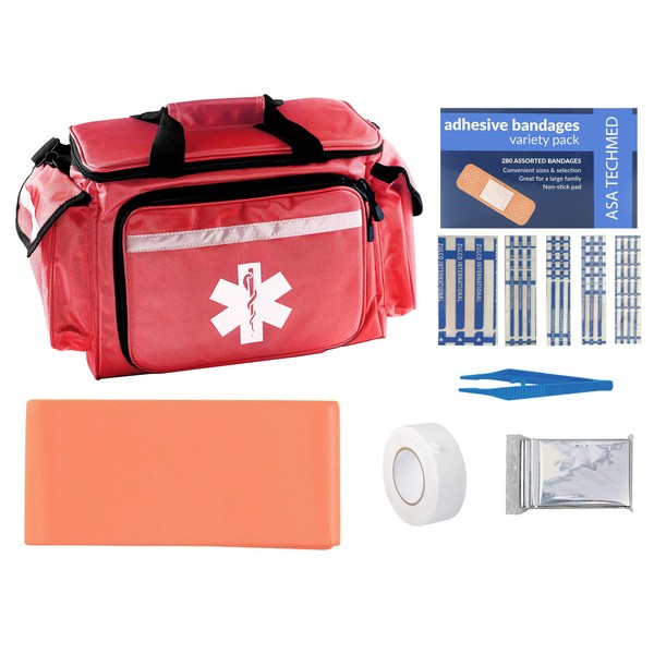 ASA TECHMED EMT First Responder Trauma Bag | Empty Deluxe EMS Shoulder Bag | Pro First Aid Kit Bag with 4 Large Compartments for Emergency Medical Supplies - Includes 280 Bandage Variety Pack (Red)