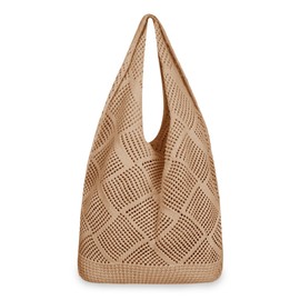 loacuony Women's Beach Bag, Crochet Bag, Crochet Bag, Mesh Beach Bag, Boho Shoulder Bag, Handmade Mesh Handbag, Summer Beach Bag for Holiday, Travel, Everyday Life, Spring and Summer, khaki