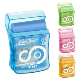 OFFCUP Pencil Sharpeners, 4pcs Double-Hole Pencil Sharpener with Container, Manual Pencil Sharpeners and Eraser with Lid for Kids Adults Students School Class Home Office (Random Color)