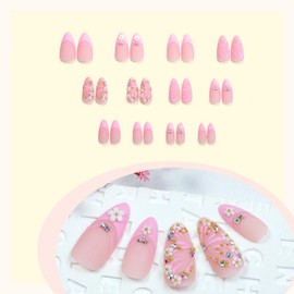 Medium Press on Nails Almond Fake Nails with Flowers Pearls Rhinestones Butterfly Lines Designs Pink French Tip Nails Press ons Matte Glue on Nails Light Pink Full Cover Stick on Nails for Women 24Pcs