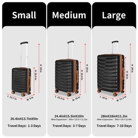 WireHot Lightweight Luggage with Spinner Wheels & YKK Zipper, 3-Piece Suitcase ABS+PC Hardside Hard Shell Luggage Set with TSA Lock, Black & Brown (20+24+28 inch)