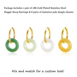 KOMI 18K Gold Plated Stainless Steel Huggie Hoop Earrings and Charm Set for Women, 1 Pair Gold Hoop with 8 Pairs Imitation Jade Dangles Hoop Charms Hypoallergenic Cute Earrings Jewelry