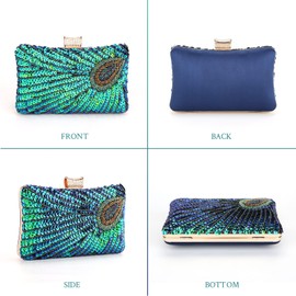 UBORSE - Bolso de mano de noche con lentejuelas y abalorio de pavo real, Peacock Blue 202, Small