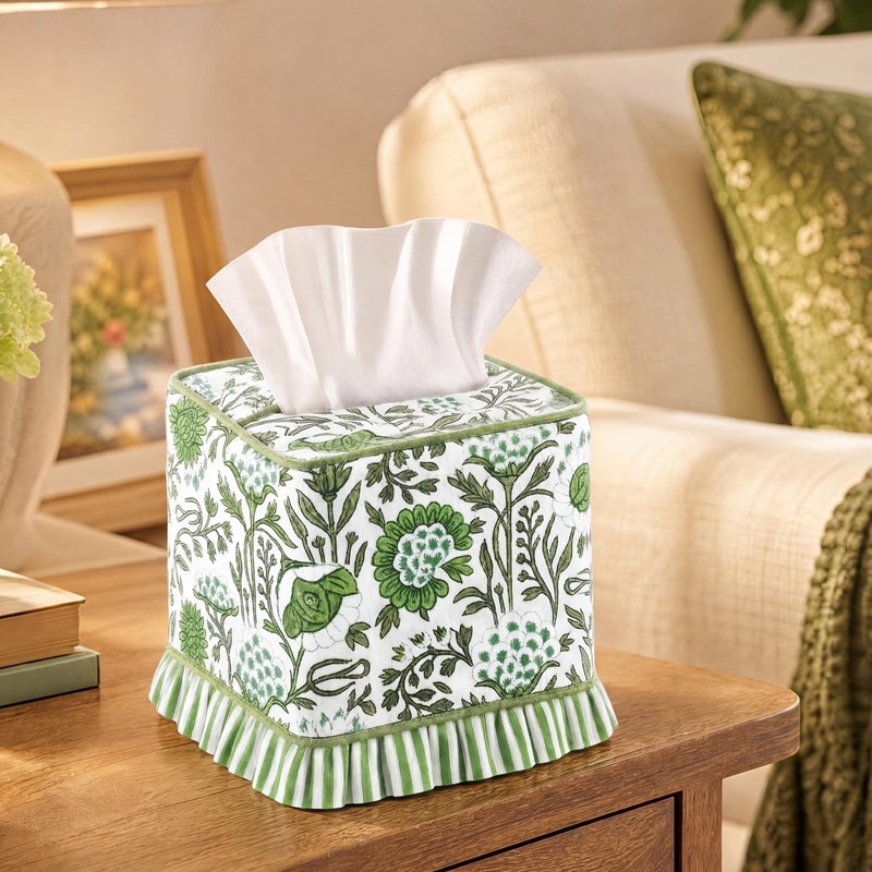 Lounsweer Agate Green Hand Block Printed Cotton Tissue Box Cover
