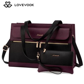 LOVEVOOK Laptop Tote Bags 15.6-17.3 inches for Woman with Clutch Purse, Large Business Teacher Office Crossbody Purse with 2 Cup Holder, Compact Waterproof Vegan Leather Shoulder Bags and Computer bag for Work, Office, Casual.:_Black-Iron Gray_15.6''