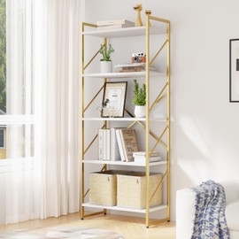 Bookshelf, 5 Tier Bookshelves, Home Office Bookcase Shelf Storage Organizer, Free Standing Storage Shelving Unit for Bedroom, Living Room and Home Office,Gold