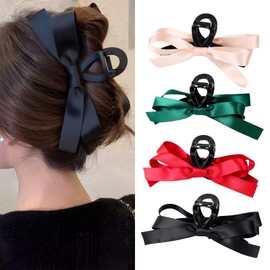 MHDGG Big Bow Hair Claw Clips for Women,4pcs Bow Hair Barrette Nonslip Claw Clip for Thin Thick Curly Hair,Bow Hair Dress Up Accessories for Birthday Party Show Christmas Thanksgiving(Black Pink Green Red)