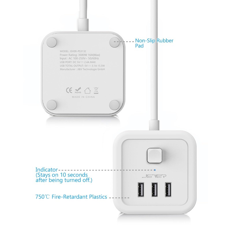 JSVER Power Strip 3 m Cube Multiple Socket 3 Compartments