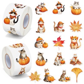 BkeeCten Autumn Cat Sticker Roll - 1000pcs Watercolor Fall Kitten Waterproof Vinyl Reusable Laptop Sticker Coloring Book Scrapbook Water Bottle Page Activity Pad Birthday Party Favor Kids Skateboard