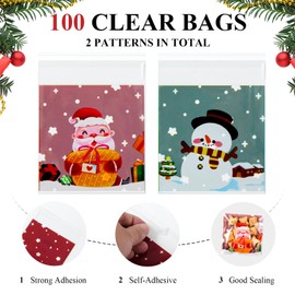 100 Pcs Christmas Small Cellophane Bags 4''x4'' Clear Resealable Merry Christmas Sealed Plastic Cellophane Gift Bags for Bakery, Cookie, Candy