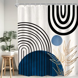 KOMLLEX Abstract Boho Shower Curtain for Bathroom Decor 60Wx72H Modern Blue Black Neutral Men Shower Curtain Chic Leaves Mid Century Simple Minimalist Fabric Waterproof Polyester 12 Pack Hooks