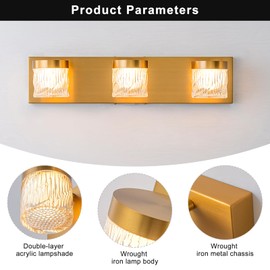 WILON 3-Light LED Vanity Wall Sconce, Gold Bathroom Lighting Fixture
