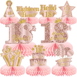 9Pcs 18th Birthday Decorations Pink Rose Gold Honeycomb Centerpieces for Girls,Happy 18th Birthday Table Centerpieces Party Supplies,Eighteen Year Old Birthday Table Decor