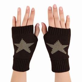 yolrdiw Women's Therian Star Fingerless Gloves Wrist Length Knitted Mitten for Y2K Emo Grunge Punk Goth Accessories, Coffee, One Size