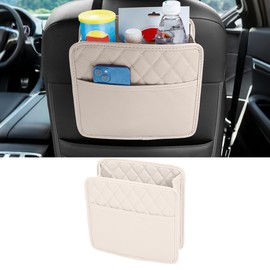 Tioollev Car Seat Back Organizer, PU Leather Vehicle Backseat Hanging Storage Pocket, Multipurpose Auto Travel Essentials Accessories for Kids & Adults, Universal for Most Cars (Beige)