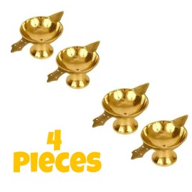 4 x Pure Brass Arti Deepak Wick Lamp Deep Oil Ghee Jyot Diya Stand for Pooja Diwali Religious Temple Home Office Kuber Akhand Jyoti (4 Pieces)