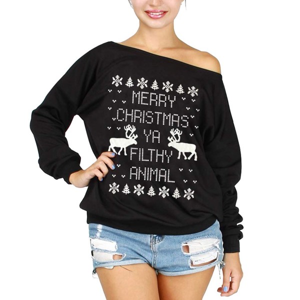 Csbks Merry Christmas Off Shoulder Sweatshirt Women's Long Sleeve Pullover Tops Merry Christmas (Black XX-Large)