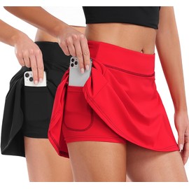 Ullnoy 2 Pack Womens Athletic Tennis Skirts with Pockets High Waisted Golf Skort Skirts Workout Lightweight Golf Skirt Black/Red M