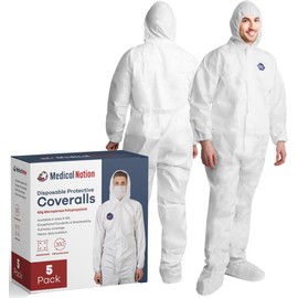 Medical Nation Hazmat Suits Disposable | 5 Pack, 4X-Large | Protective Coveralls with Attached Hood and Boots | Heavy Duty Full Body Painters Suit for Adults - Breathable & Water Resistant | 4XL