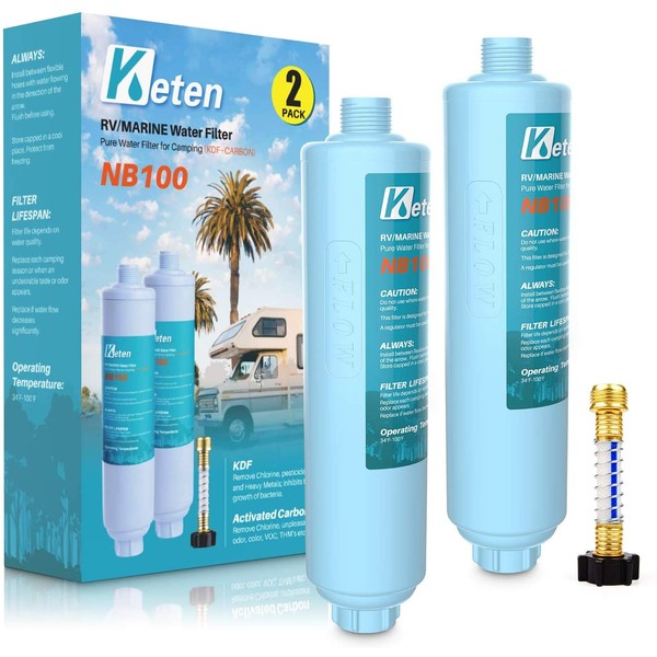 Keten RV Water Filter for Garden, Pool, NSF Certified & KDF Technology, Reduces Lead, Chlorine, 2 Pack Drinking Filter with 1 Hose Protector
