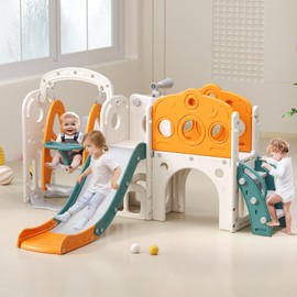 DOREROOM Toddler Slide, Swing and Slide for Toddlers Kids with Basketball Hoop Telescope Indoor Outdoor Slide Playset Playground