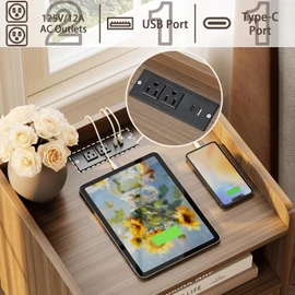 Night Stand Set of 2, Bedside Tables with Charging Station, Rattan End Tables, Bed Side Tables, Wood Nightstands set of 2 for Small Space Farmhouse Kids' Room Bedroom Living Room Dorm Sofa Brown
