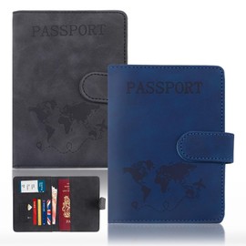 2 Pcs Passport Holder, Passport Cover Travel Wallet Organiser, Passport Case with RFID Buckle Closure PU Leather Document Holder for Men Women Family Gifts Essential Travel Accessories (Black & Blue)