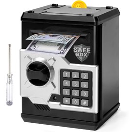 ATM Piggy Bank for Boys Girls, Vcertcpl Mini ATM Coin Bank Money Saving Box with Password, Kids Safe Money Jar for Adults with Auto Grab Bill Slot, Great Gift Toy Bank for Kids (Black Silver)