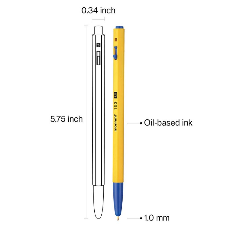MONAMI BP 153 Retractable Ballpoint Pen, Medium Point (1.0mm), Blue,