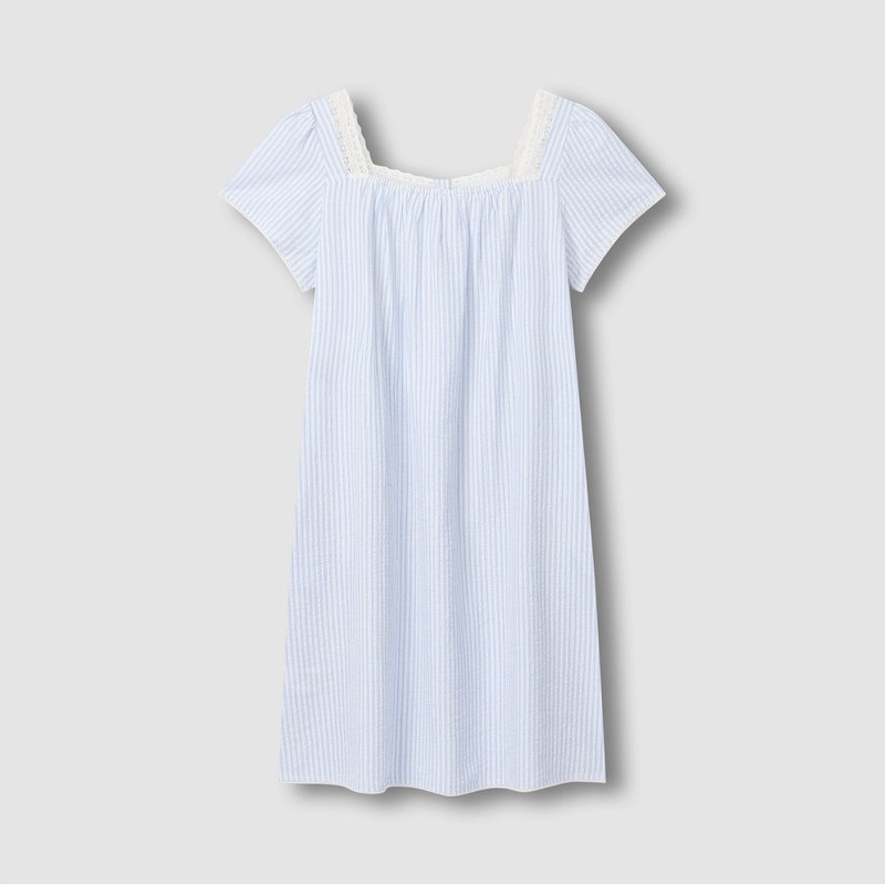 JAJU [JAJU] Women's Seersucker Shirring Short Sleeve Pajama Dress_Light Blue