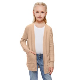 Amarmia Girl's Open Front Cardigan Long Sleeve Knit Sweaters Solid Cute Casual Loose Outerwear Coats with Pockets Khaki