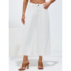 Luvamia Wide Leg Jeans for Women, White, Size Medium (8-10), Women's Casual Capri Jeans with High Waist, Distressed Frayed Hem, Spring/Summer All Season