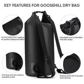 Goosehill Waterproof Dry Bag, 5L 10L 20L Roll Top Dry Sack with 2 Detachable Straps, Waterproof Bag for Boating Hiking Camping Kayaking Canoeing Swimming Snowboarding Paddle Board