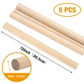 Lugailly Wooden Dowel Rods Wood Dowels for Crafting 1 x 12 Inch, 5 PCS Round Wooden Sticks for Crafts Thick Macrame Sticks, Unfinished Pine Hardwood Sticks for Wands, Curtain Rods, Rhythm Sticks