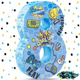 Simgoing Number 8 Video Game Piñata 16.5 Inch Gaming Controller Piñata for Game Party Supplies 8th Birthday Party Decorations Piñata with Confetti for Gaming Theme Party Carnival Events Decor