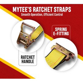 Mytee Products 2'' x 12' E Track Ratchet Straps with Spring E-Fittings, 4000 lbs - Yellow Heavy Duty Etrack Ratchet Tie Down Strap for Enclosed Trailers, Trucks & Vans