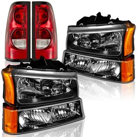 Headlights and Taillights Assembly Combo for 2003-2006 Chevy Silverado 1500 2500 3500 & 2007 Chevy Silverado Classic Replacement Head/OE Factory Style Rear Brake Tail Lights Lamps LH RH,Black Housing